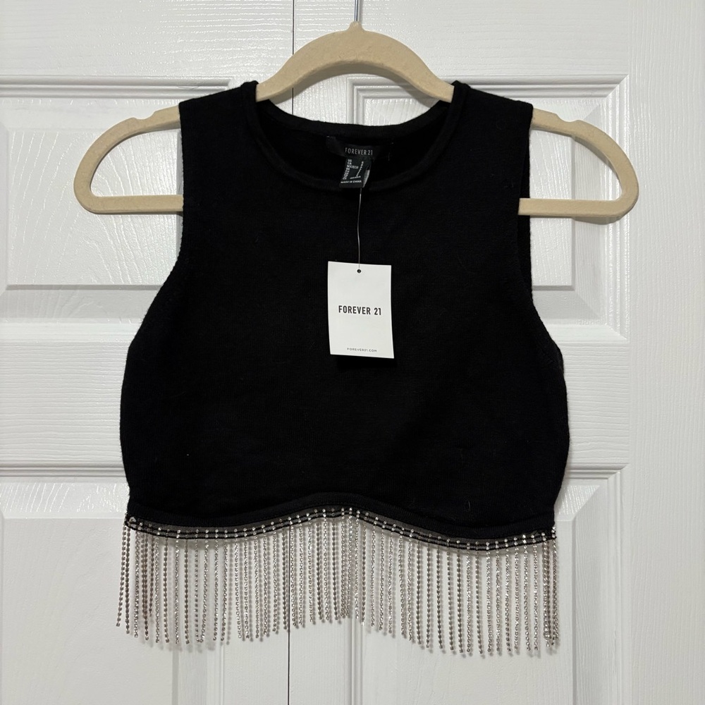 NWT Forever 21 Black Crop Top Rhinestone Fringe Mesh Detail Small NYE Party